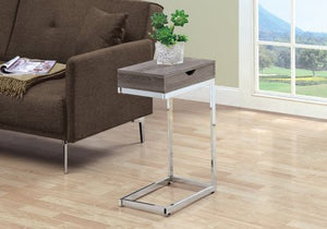 TABLE D'APPOINT - METAL CHROME / TAUPE FONCE ET TIROIR  I 3254